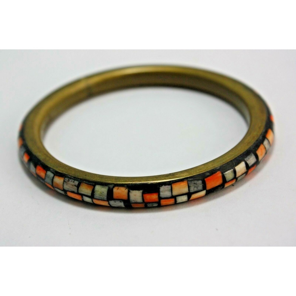Bangle Bracelet Brass Coral‎ or Sea Shell Inlay Estate Find Vintage